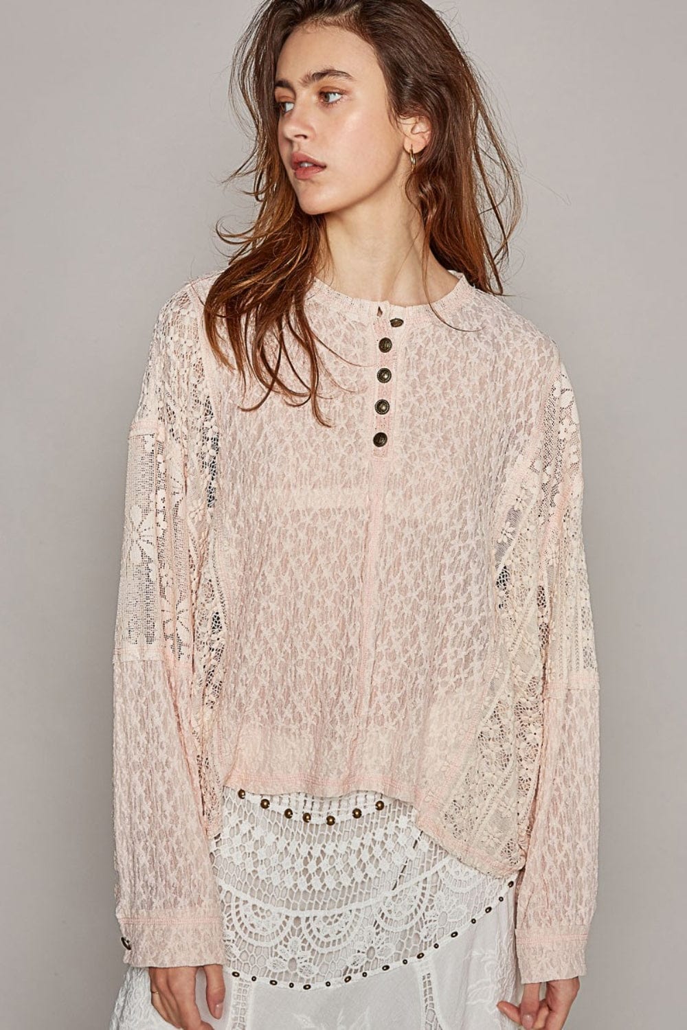 Gray POL Round Neck Long Sleeve Raw Edge Lace Top