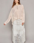 Gray POL Round Neck Long Sleeve Raw Edge Lace Top