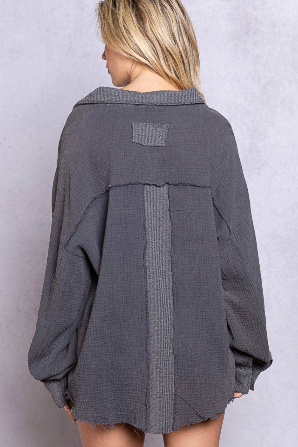 Dim Gray POL Texture Half Button Long Sleeve Top