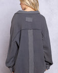 Dim Gray POL Texture Half Button Long Sleeve Top