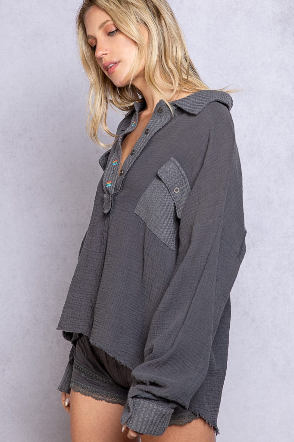 Gray POL Texture Half Button Long Sleeve Top