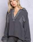 Dark Slate Gray POL Texture Half Button Long Sleeve Top