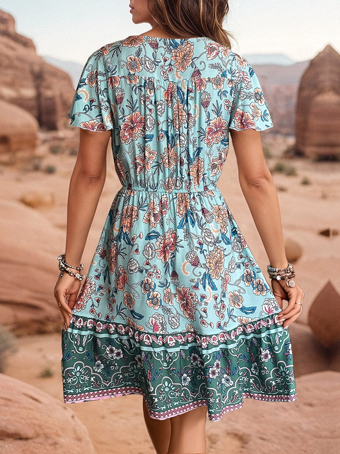 Rosy Brown Printed V-Neck Flutter Sleeve Dress