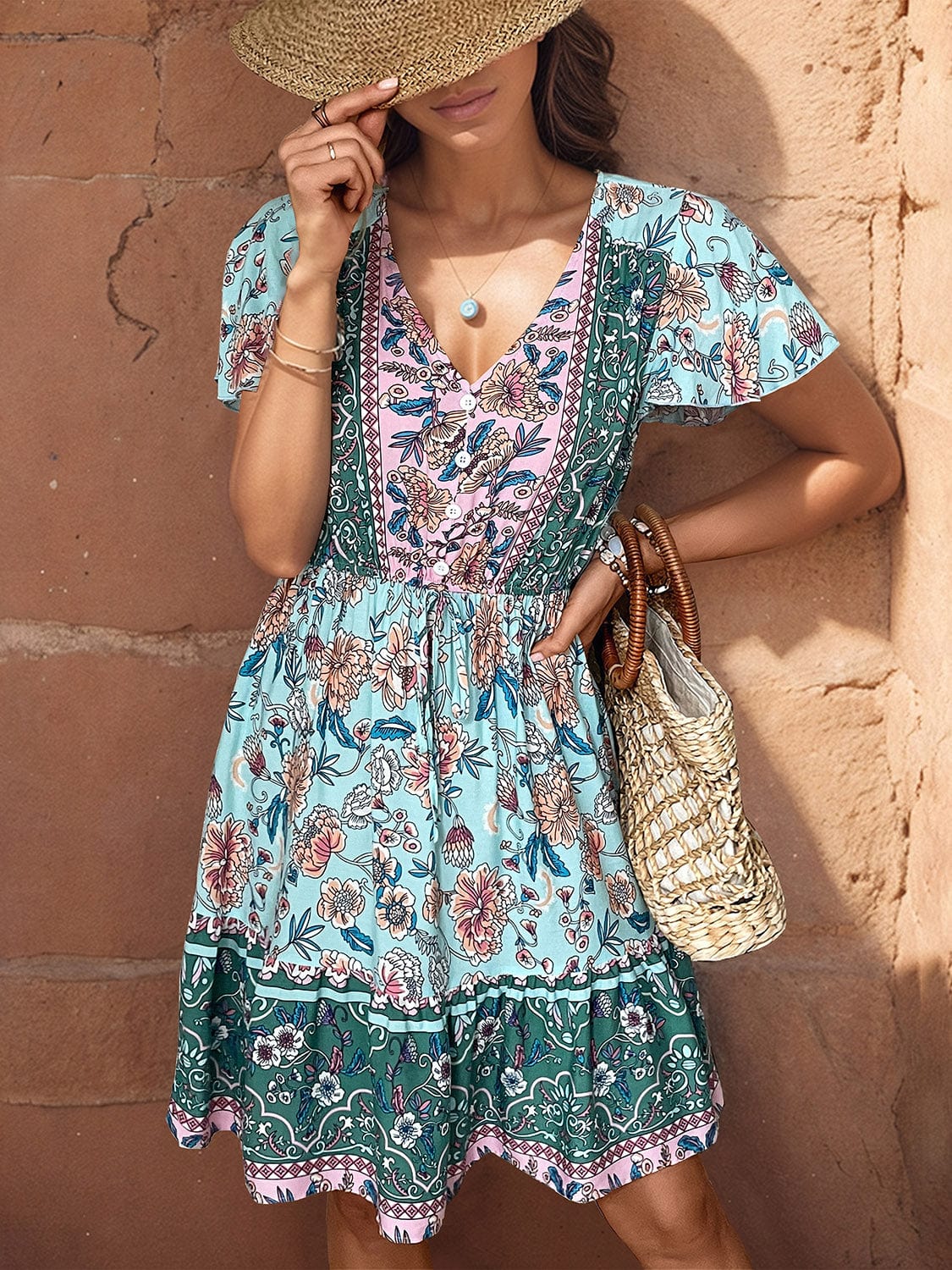 Sienna Printed V-Neck Flutter Sleeve Dress