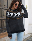 Ribbed Round Neck Long Sleeve Pullover Sweater