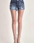 Light Gray RISEN Mid Rise Raw Hem Denim Shorts