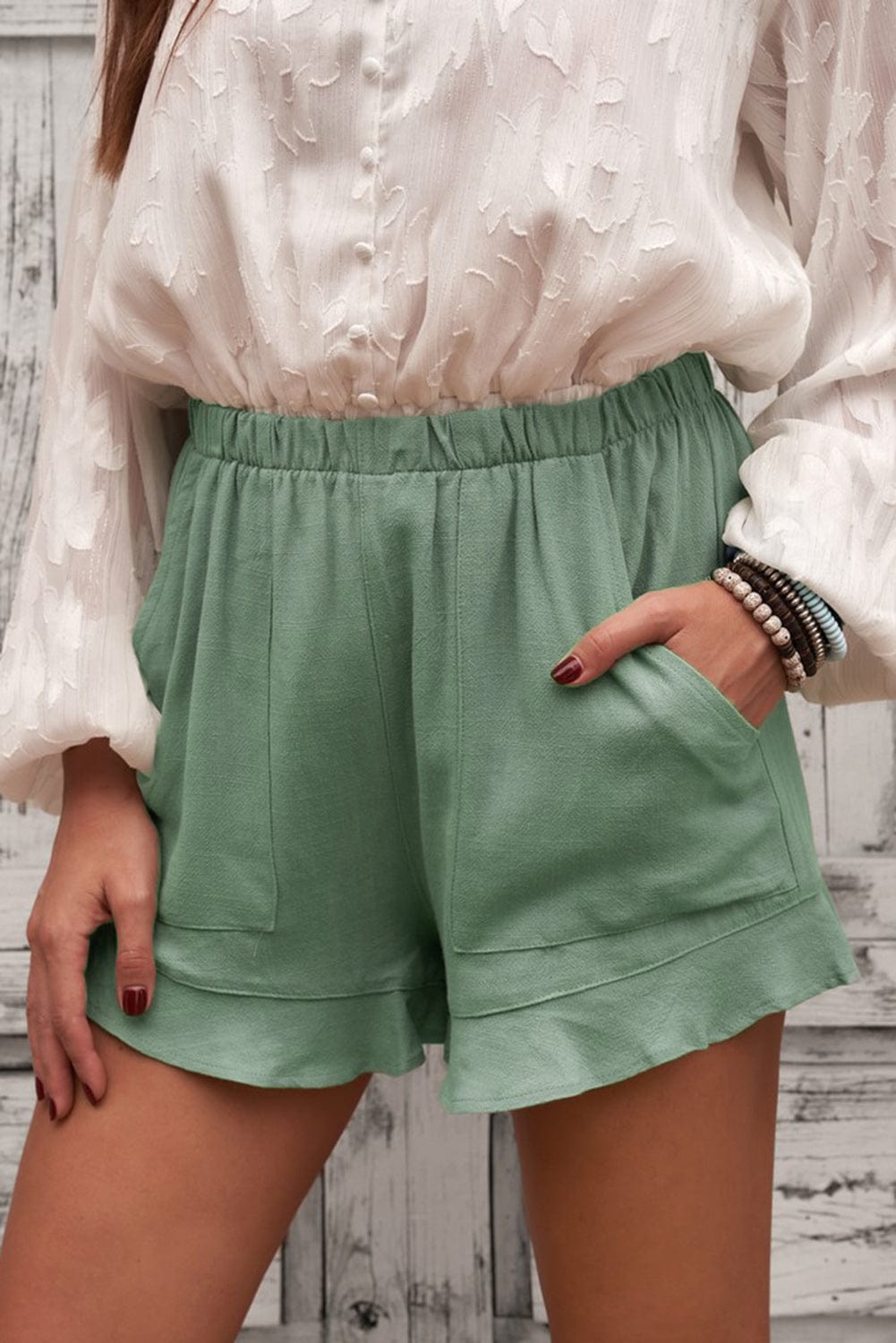 Light Slate Gray Elastic Waist Shorts with Pockets