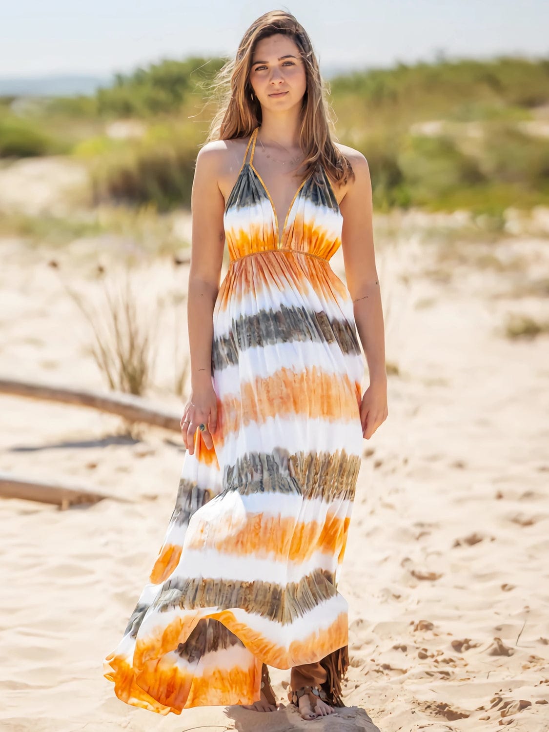 Light Gray Tie-Dye Halter Neck Sleeveless Dress