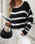 Black Striped Round Neck Long Sleeve Sweater