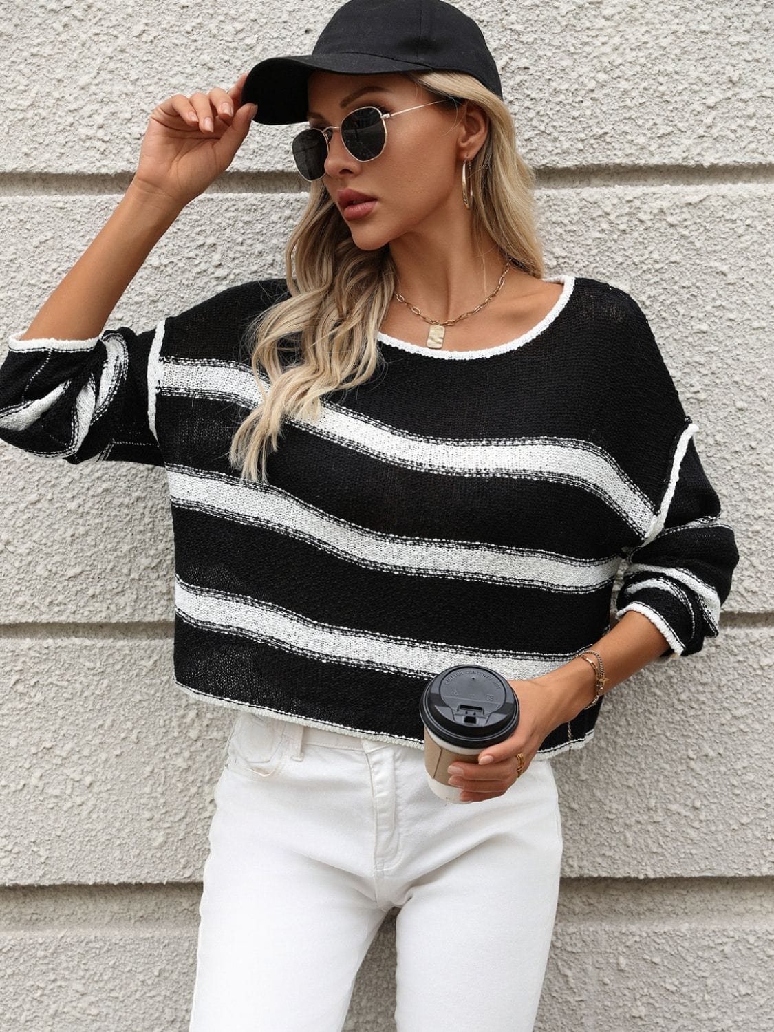 Gray Striped Round Neck Long Sleeve Sweater