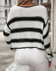 Gray Striped Round Neck Long Sleeve Sweater