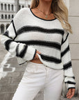 Gray Striped Round Neck Long Sleeve Sweater