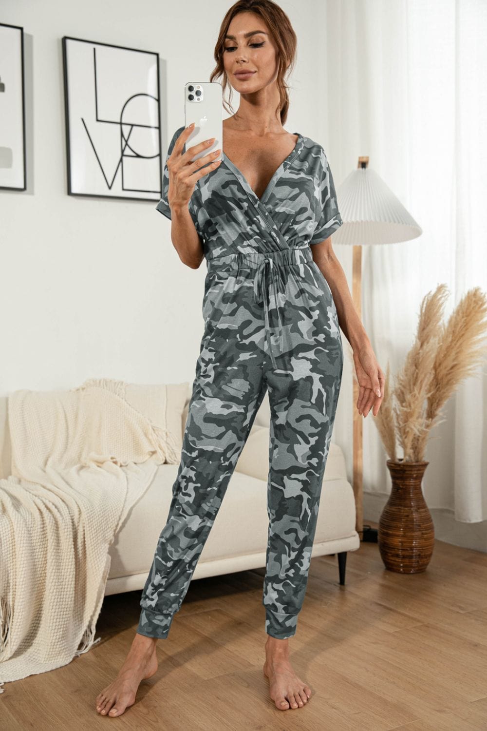 Gray Surplice Neck Tied Short Sleeve Jumpsuit