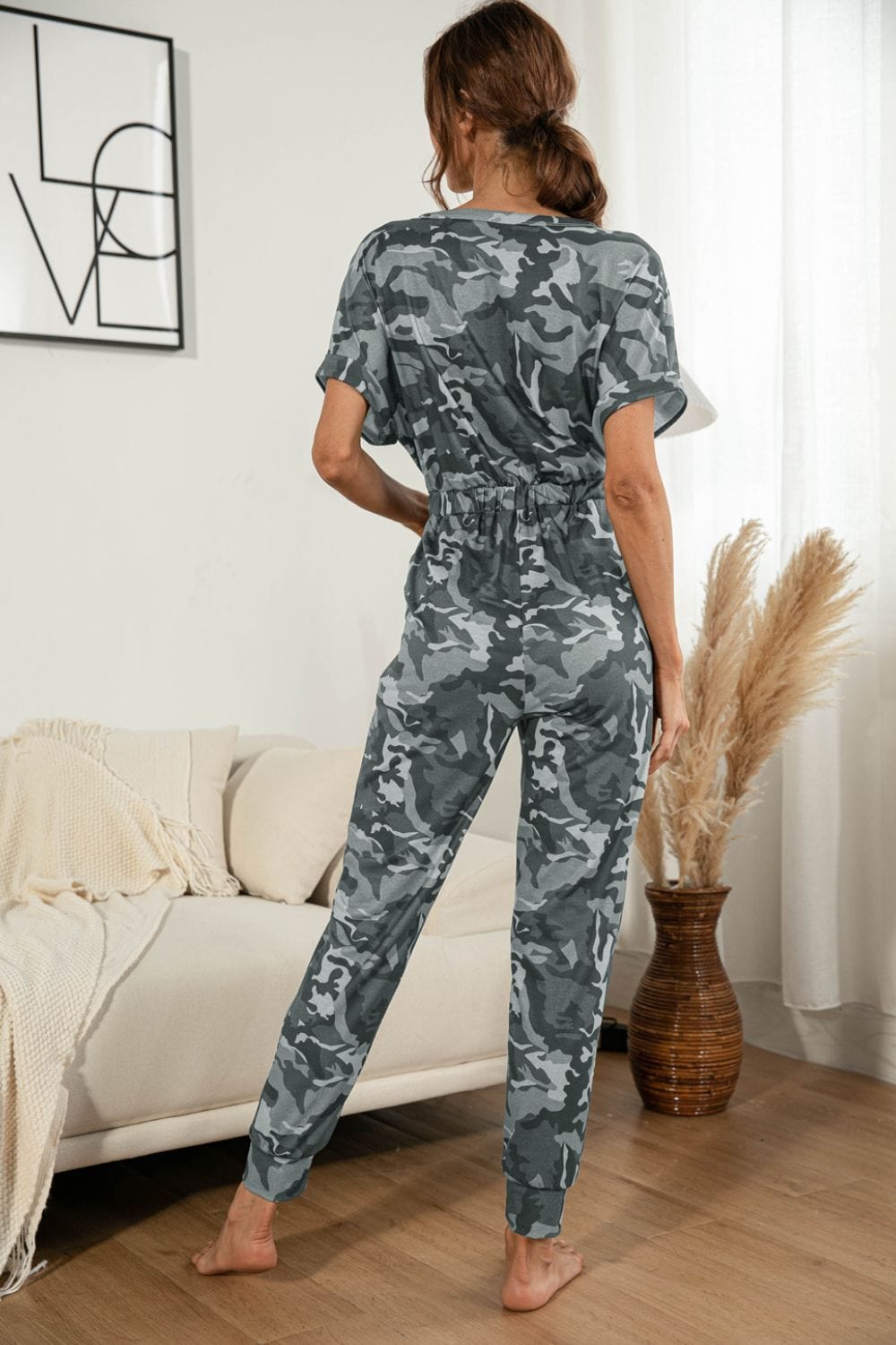 Gray Surplice Neck Tied Short Sleeve Jumpsuit