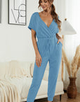 Light Gray Surplice Neck Tied Short Sleeve Jumpsuit