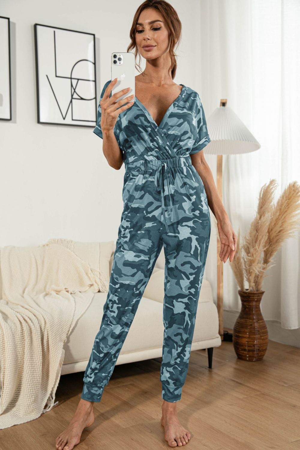 Light Gray Surplice Neck Tied Short Sleeve Jumpsuit