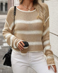 Rosy Brown Striped Round Neck Long Sleeve Sweater