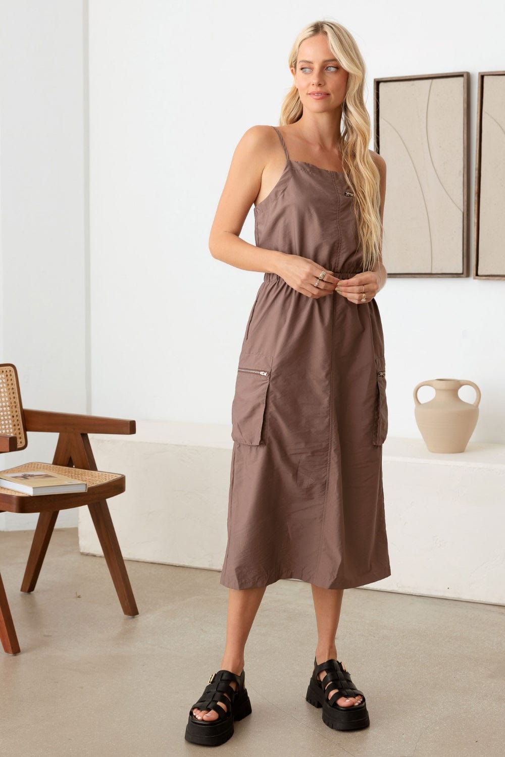 Light Gray Tasha Apparel Adjustable Strap Waist Drawstring Cargo Midi Dress