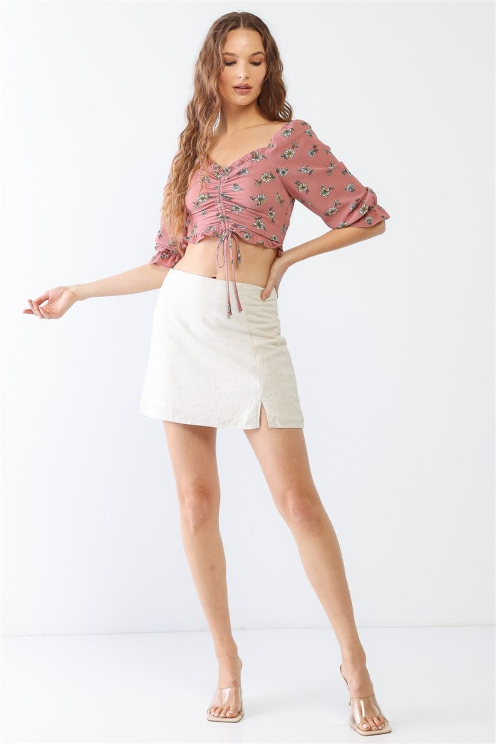 White Smoke Tasha Apparel Floral Ruffle Smocked Back Ruched Crop Top