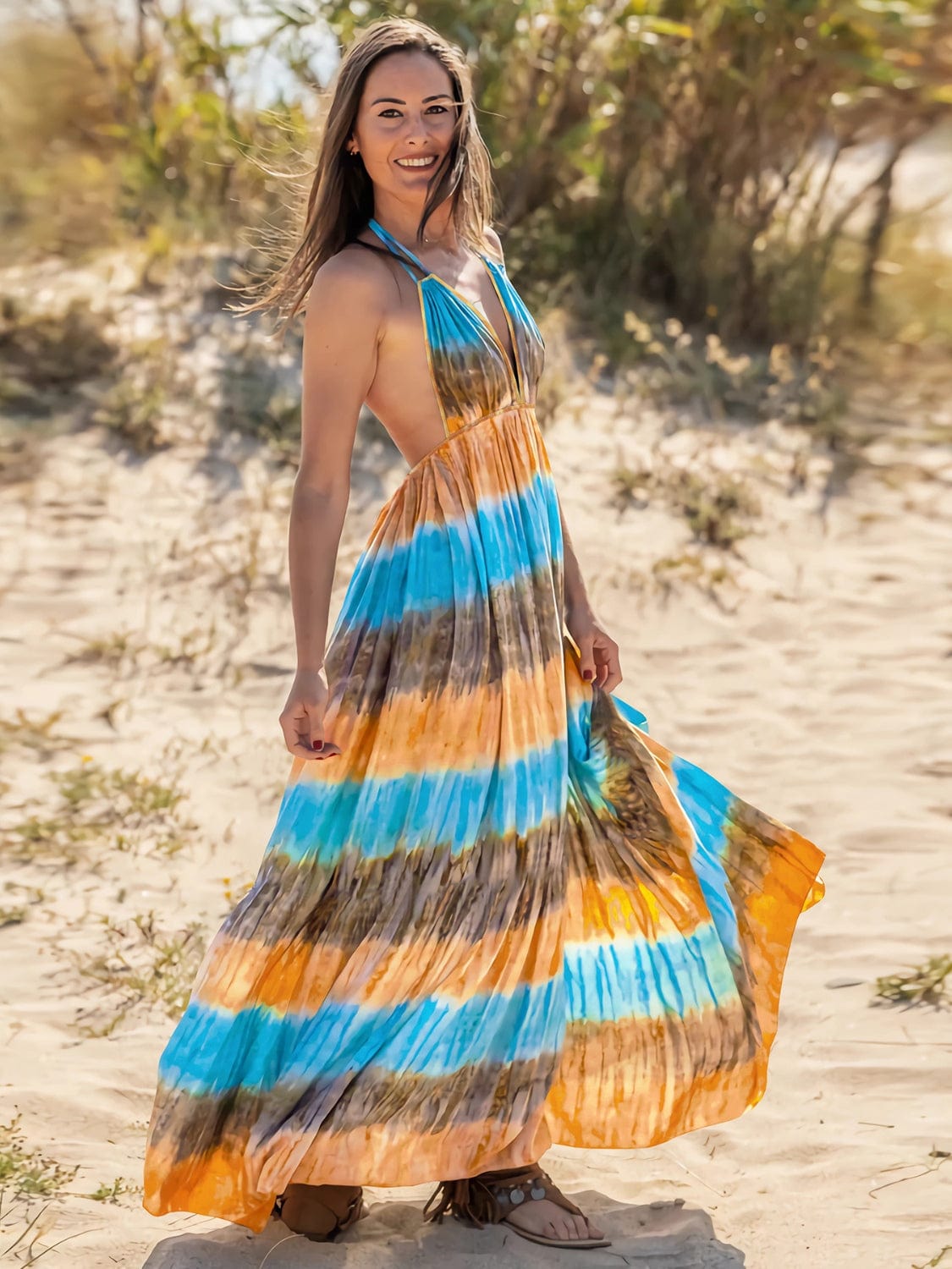 Tan Tie-Dye Halter Neck Sleeveless Dress