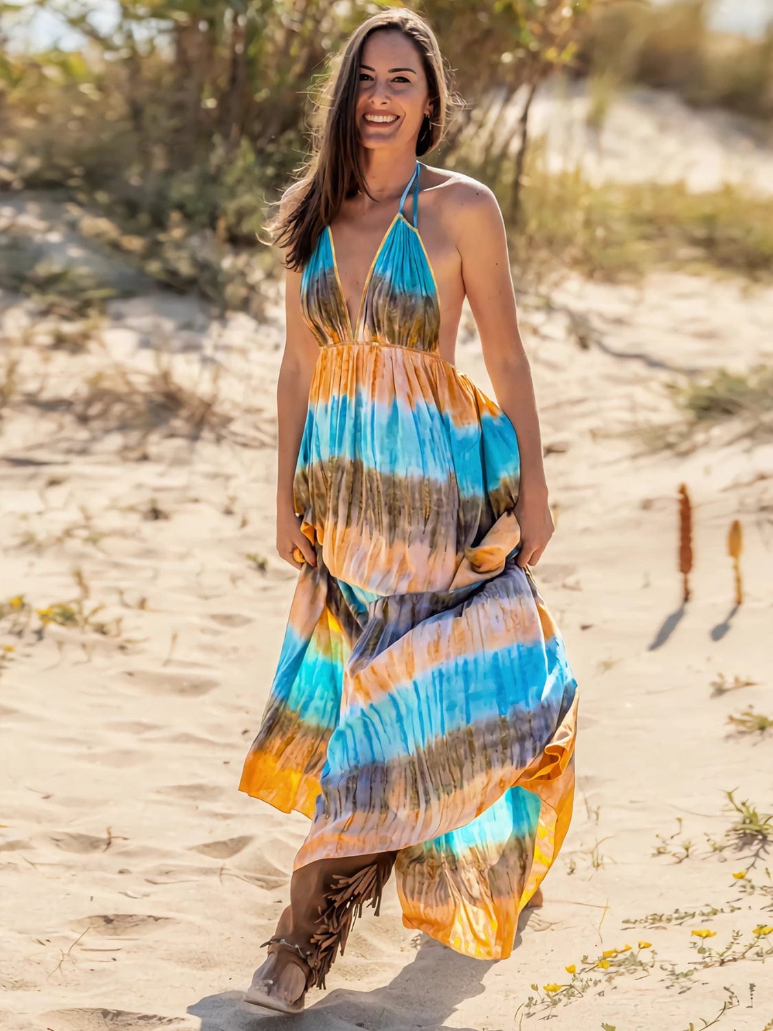 Wheat Tie-Dye Halter Neck Sleeveless Dress