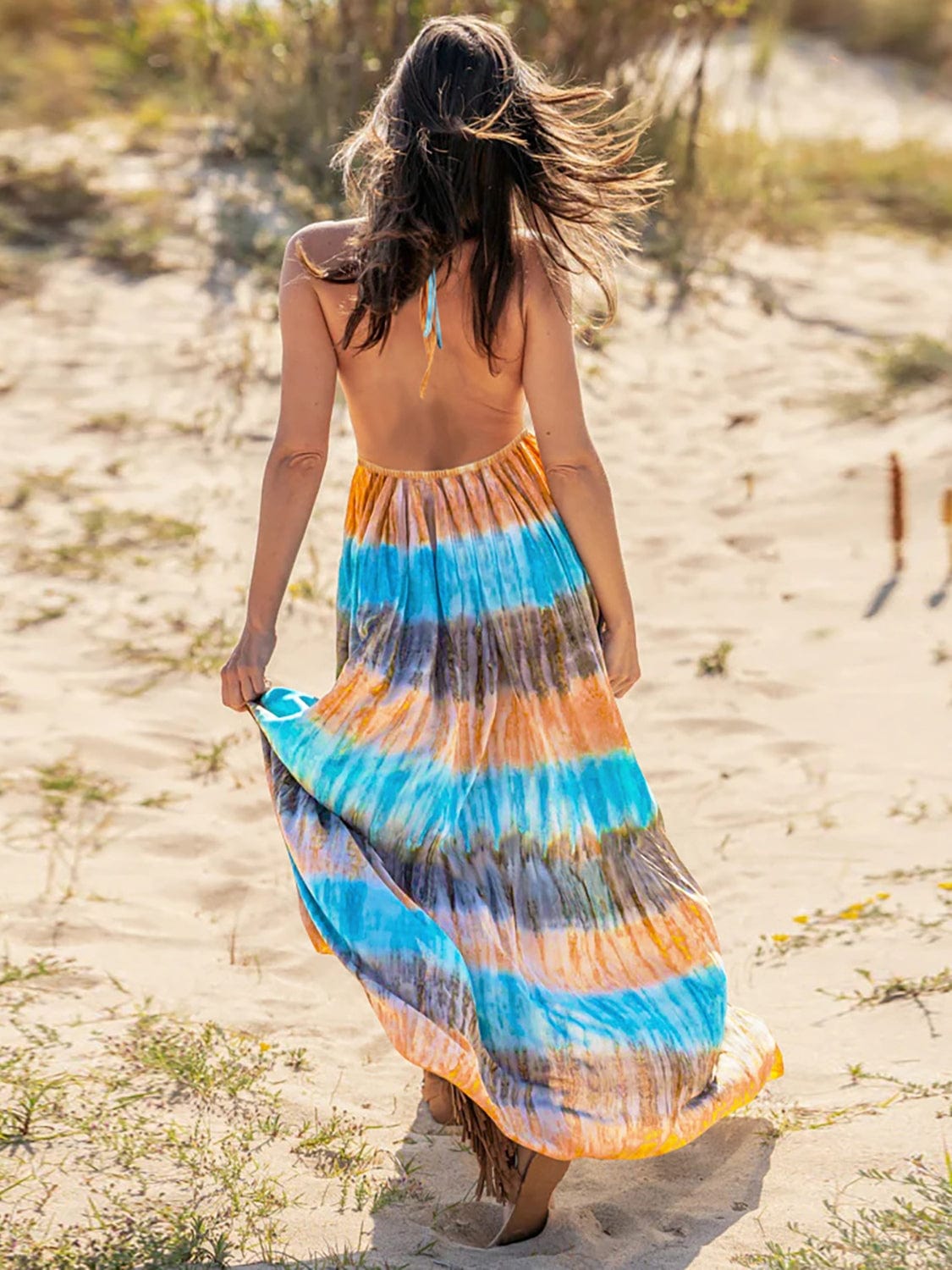 Wheat Tie-Dye Halter Neck Sleeveless Dress