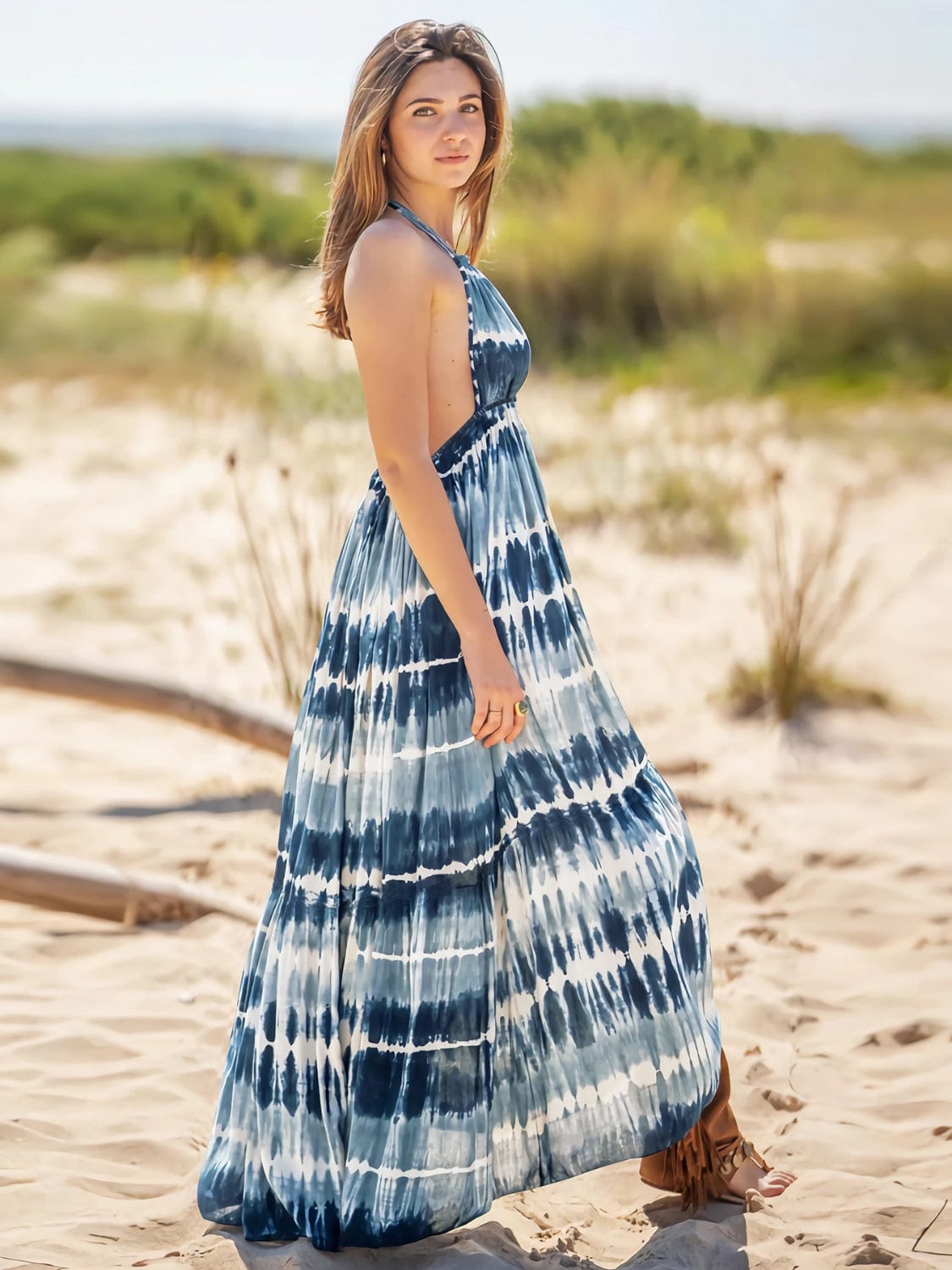 Light Gray Tie-Dye Halter Neck Sleeveless Dress