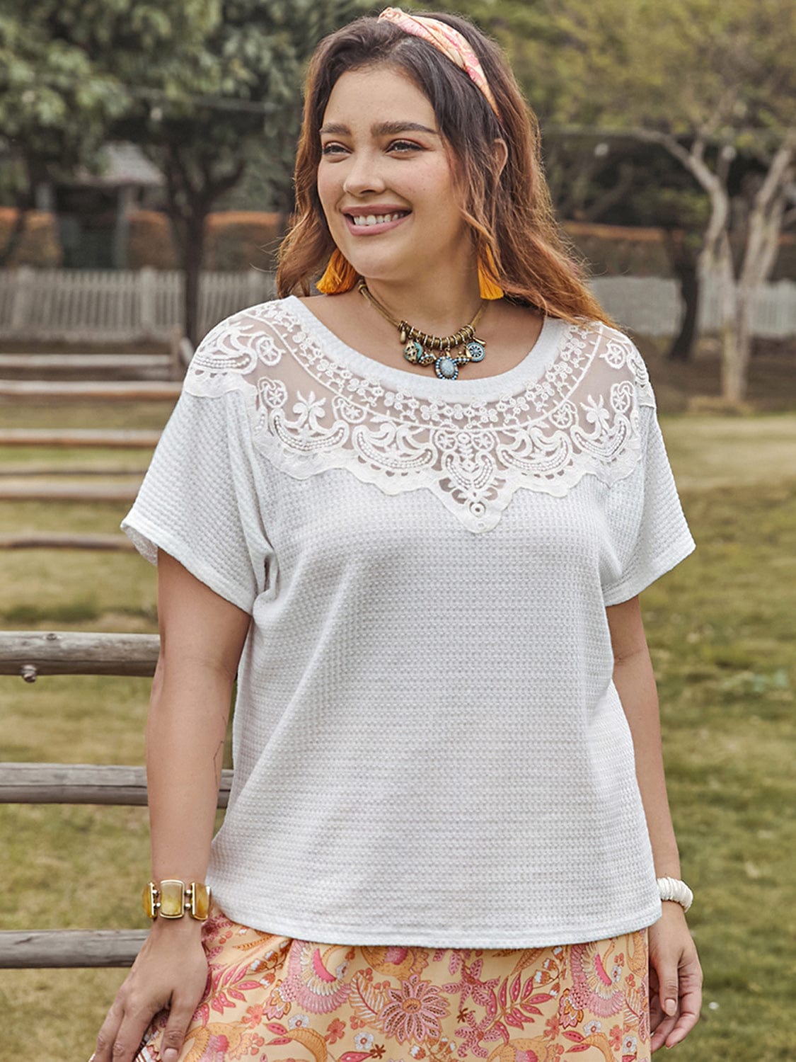 Rosy Brown Plus Size Lace Detail Round Neck Short Sleeve Top