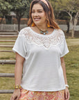 Rosy Brown Plus Size Lace Detail Round Neck Short Sleeve Top