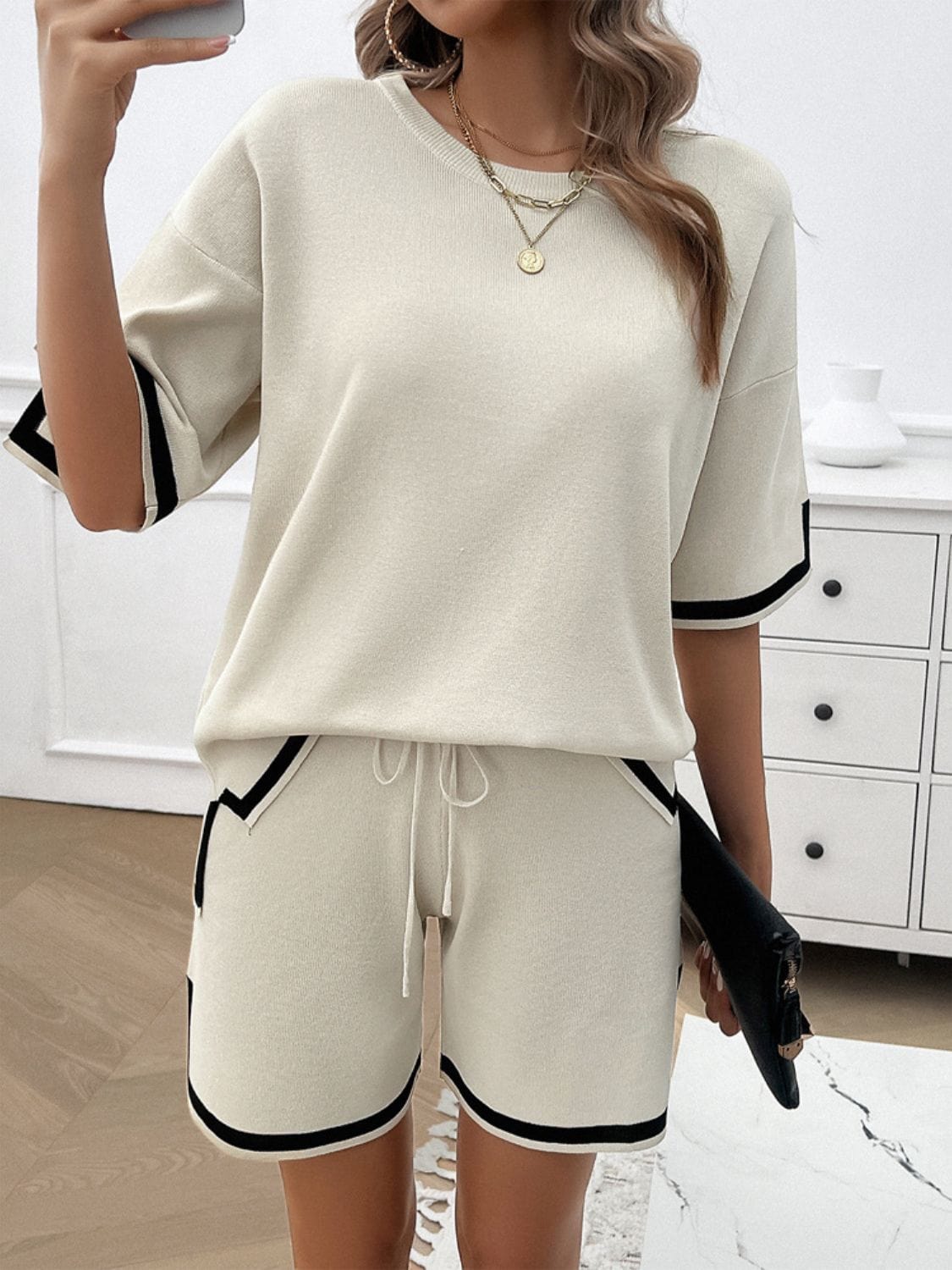 Light Gray Contrast Trim Round Neck Top and Shorts Set