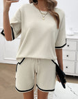 Light Gray Contrast Trim Round Neck Top and Shorts Set