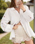 Eyelet Collared Neck Long Sleeve Shirt