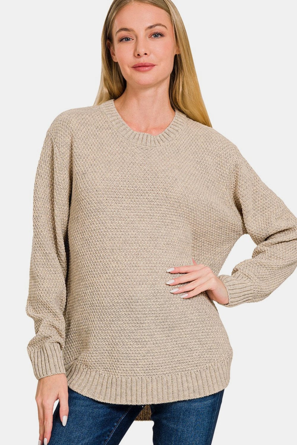 Light Gray Zenana Ful Size Round Neck Long Sleeve Curved Hem Sweater