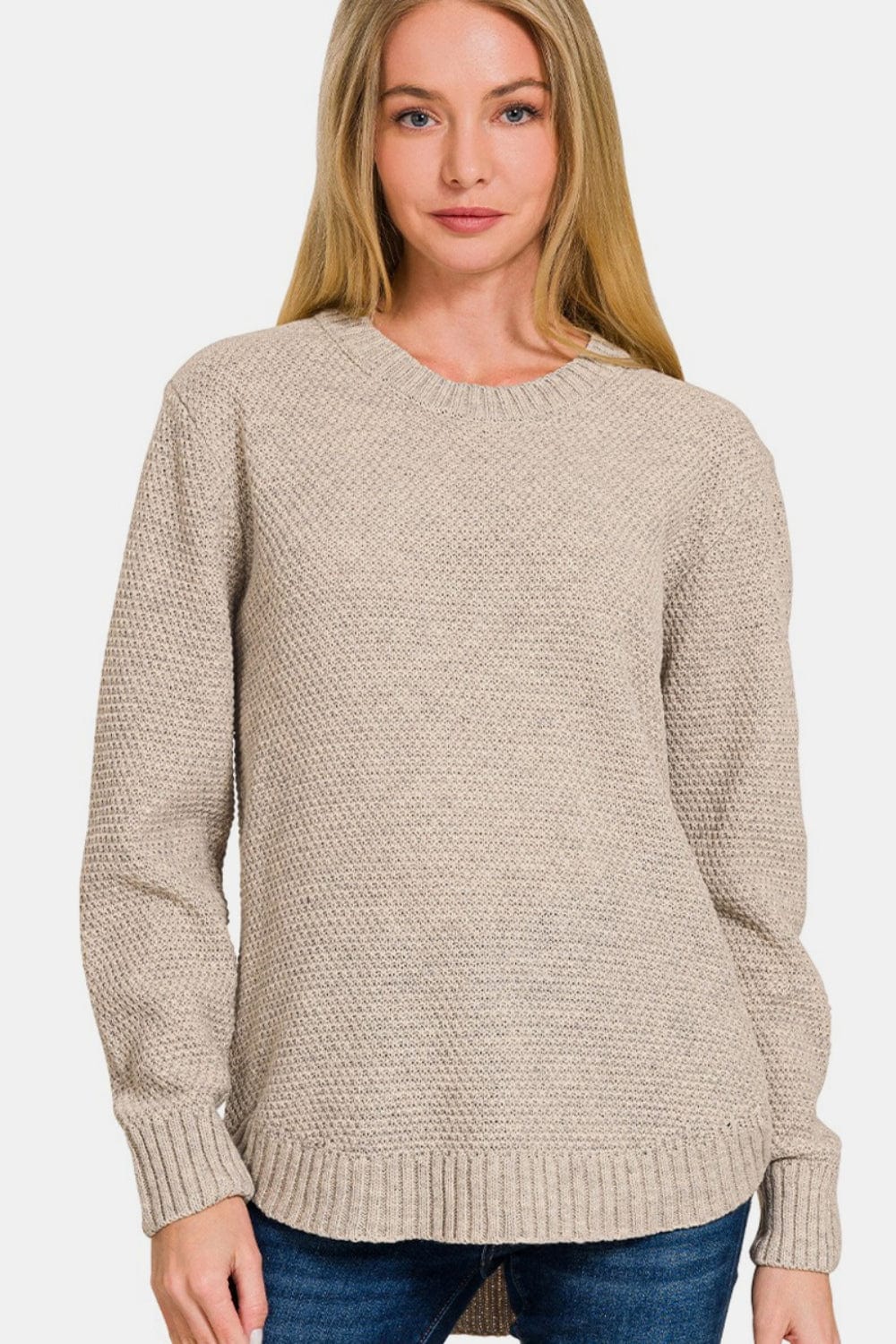 Light Gray Zenana Ful Size Round Neck Long Sleeve Curved Hem Sweater