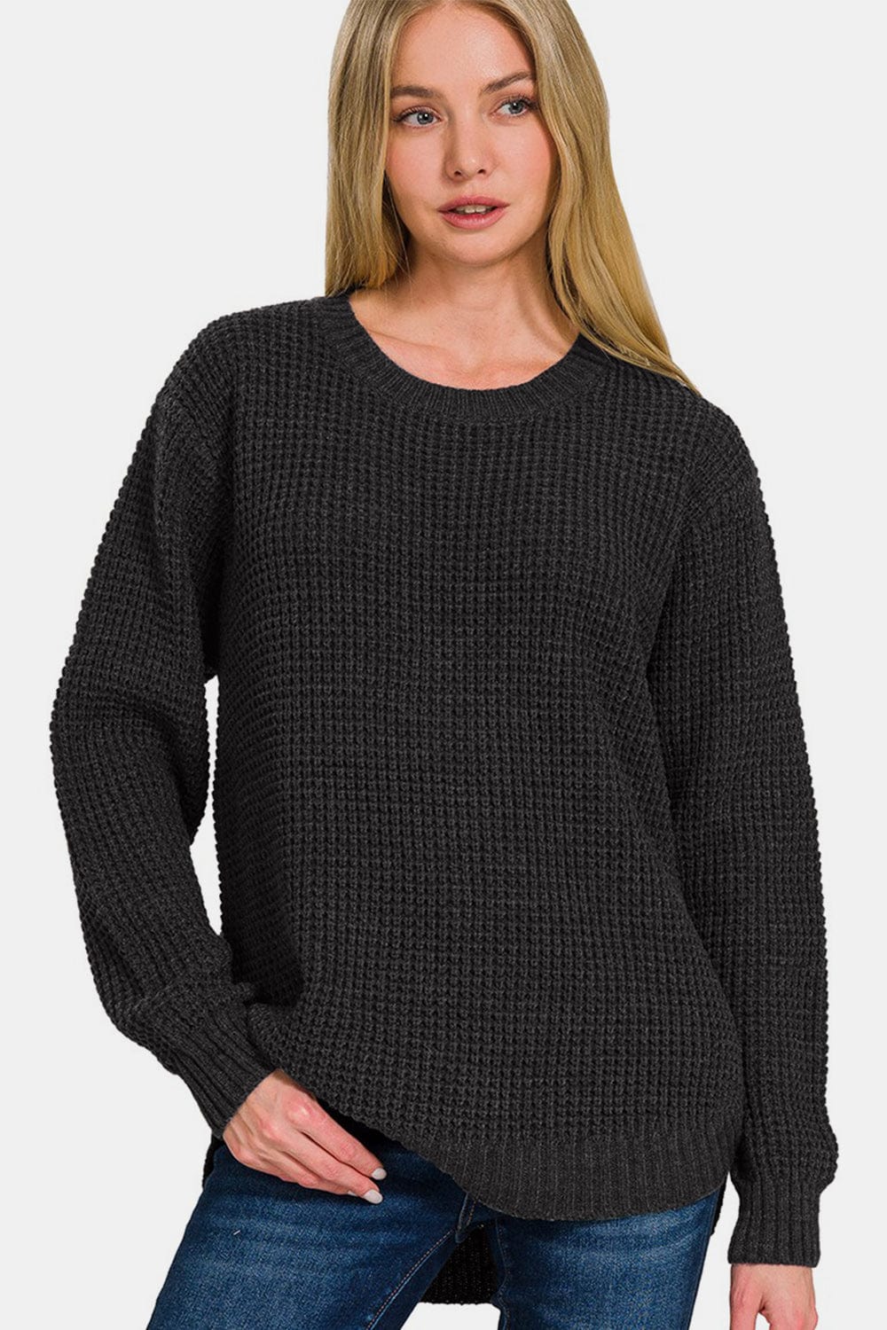 Dark Slate Gray Zenana High Low Long Sleeve Waffle Sweater