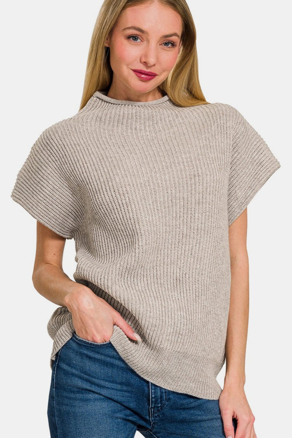 Light Gray Zenana Short Sleeve Mock Neck Sweater