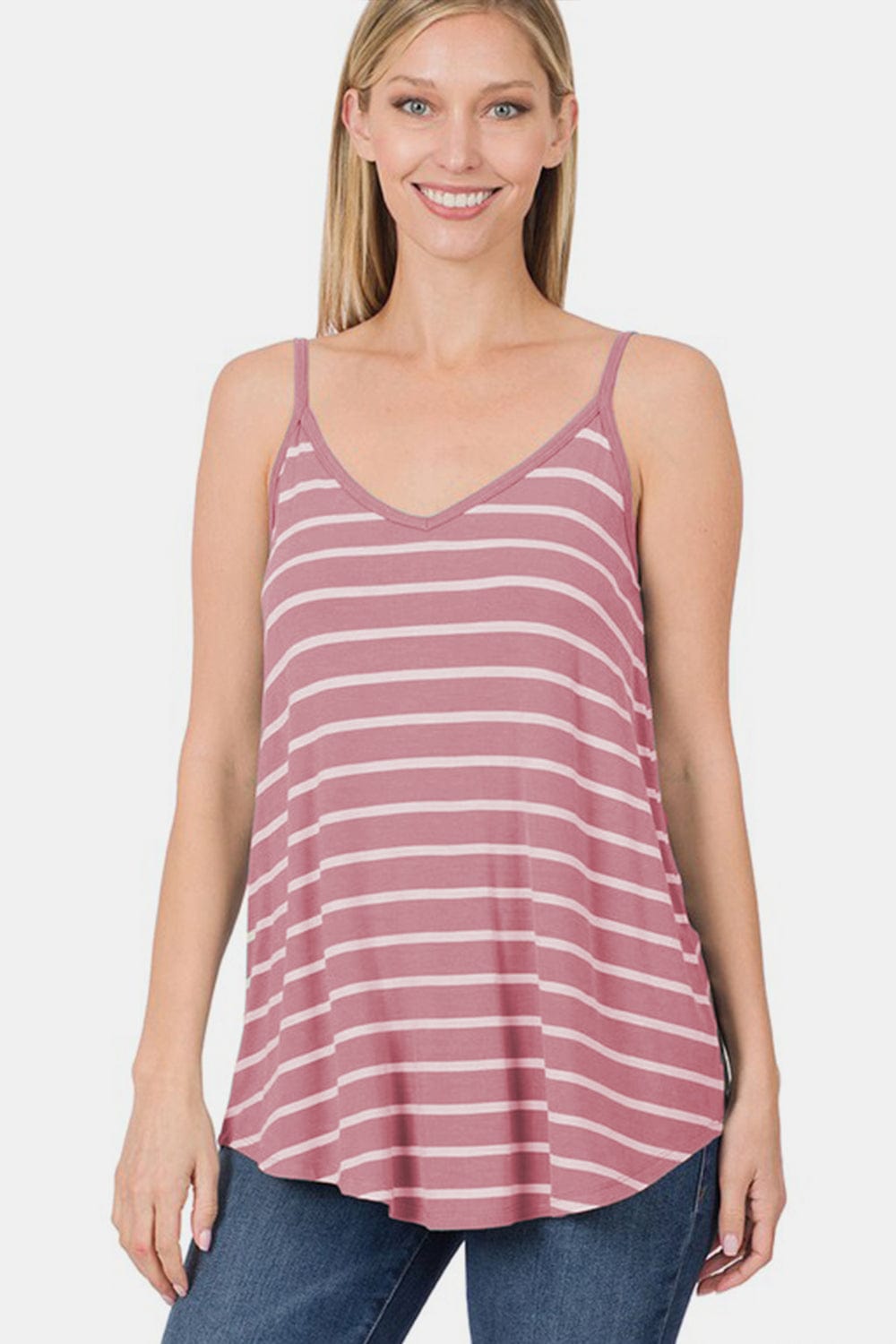 White Smoke Zenana Striped Curved Hem Cami