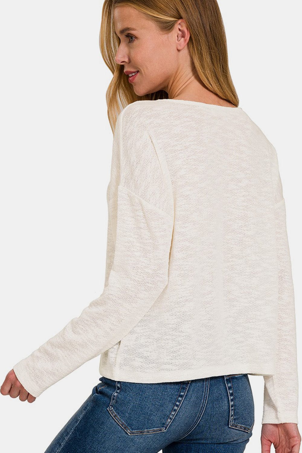 Antique White Zenana V-Neck Dropped Shoulder Long Sleeve T-Shirt