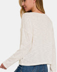 Antique White Zenana V-Neck Dropped Shoulder Long Sleeve T-Shirt