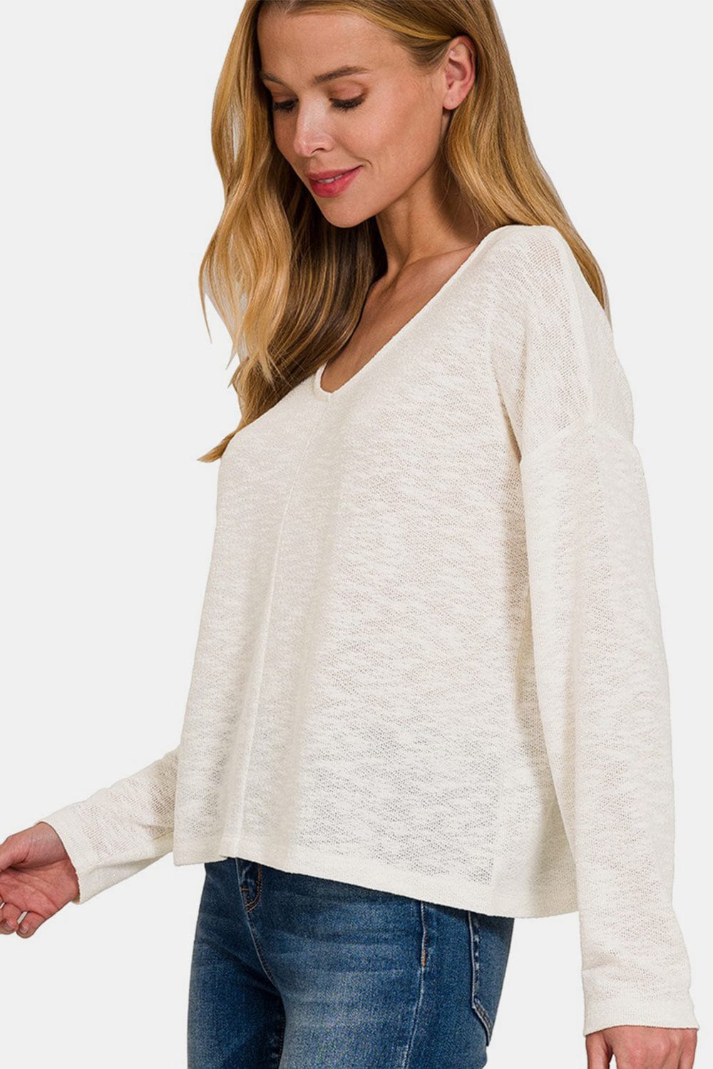 Antique White Zenana V-Neck Dropped Shoulder Long Sleeve T-Shirt