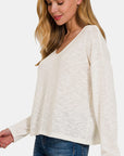 Antique White Zenana V-Neck Dropped Shoulder Long Sleeve T-Shirt