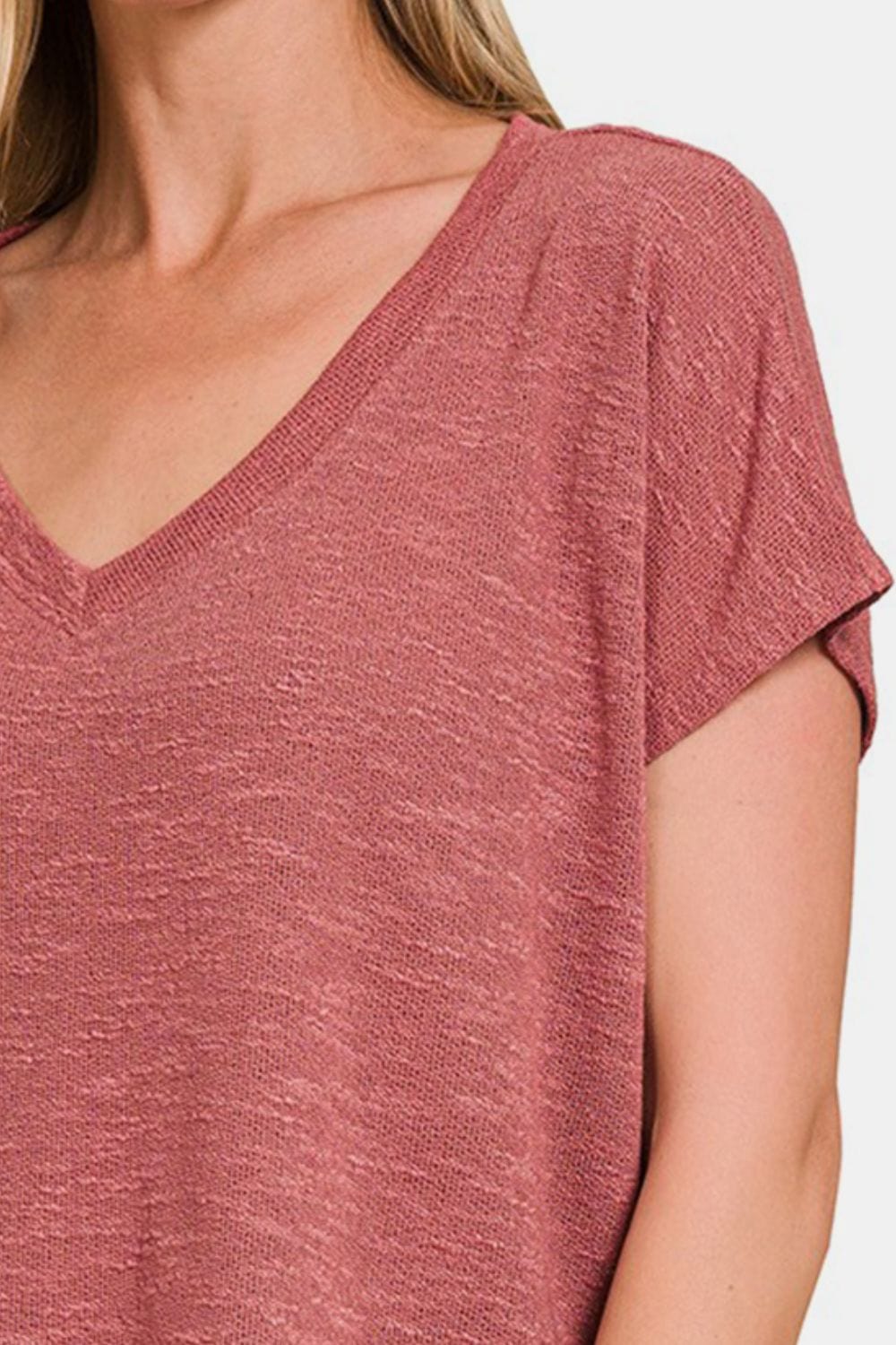 Rosy Brown Zenana V-Neck Short Sleeve Crop T-Shirt