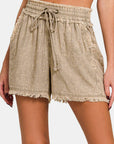 Rosy Brown Zenana Washed Linen Frayed Hem Drawstring Shorts