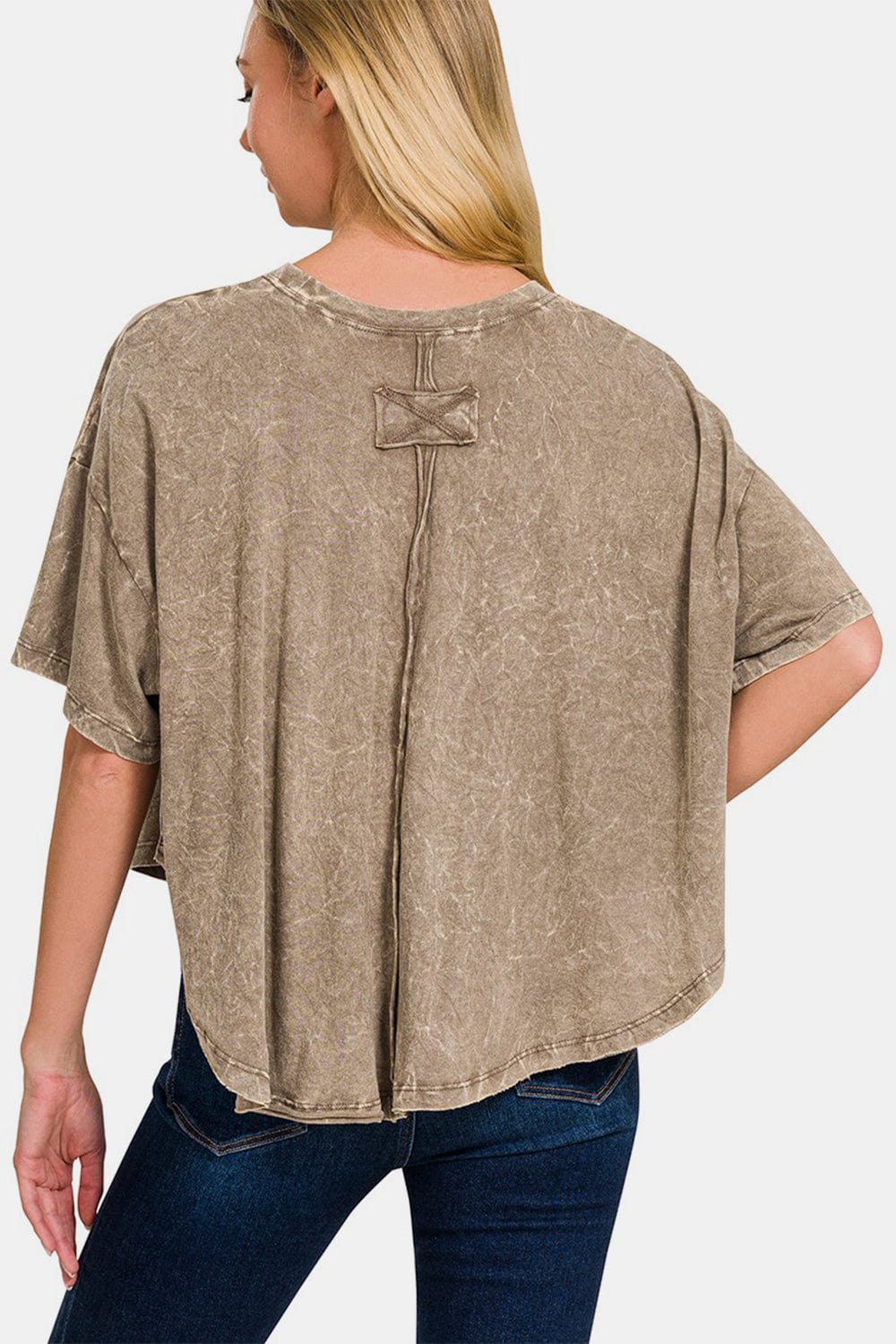 Rosy Brown Zenana Washed Round Neck Drop Shoulder Cropped T-Shirt