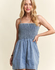 ADORA Smocked Spaghetti Strap Denim Romper