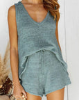 Gray V-Neck Sleeveless Top and Drawstring Shorts Sweater Set