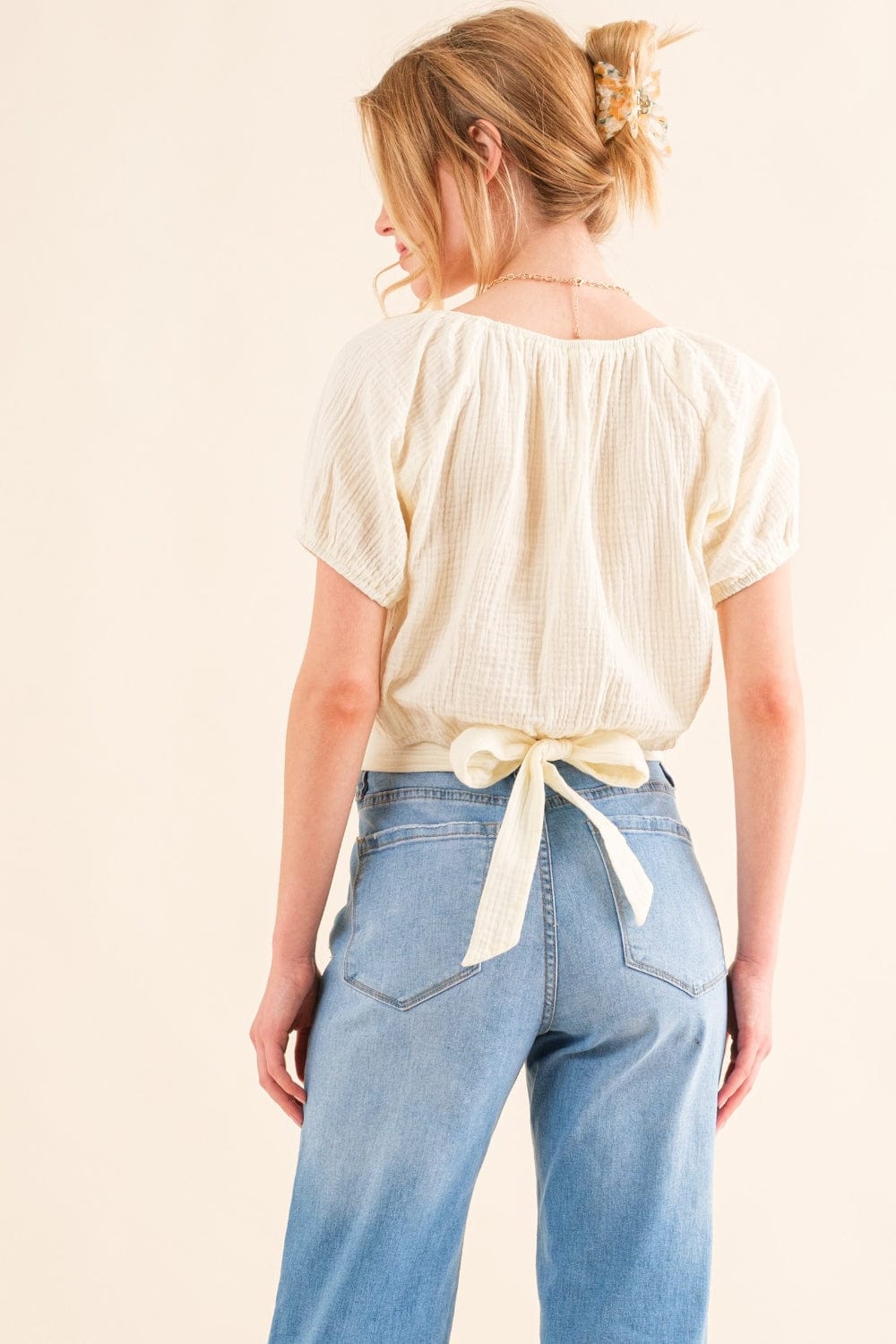 Antique White And The Why Back Waist Tie Cropped Blouse