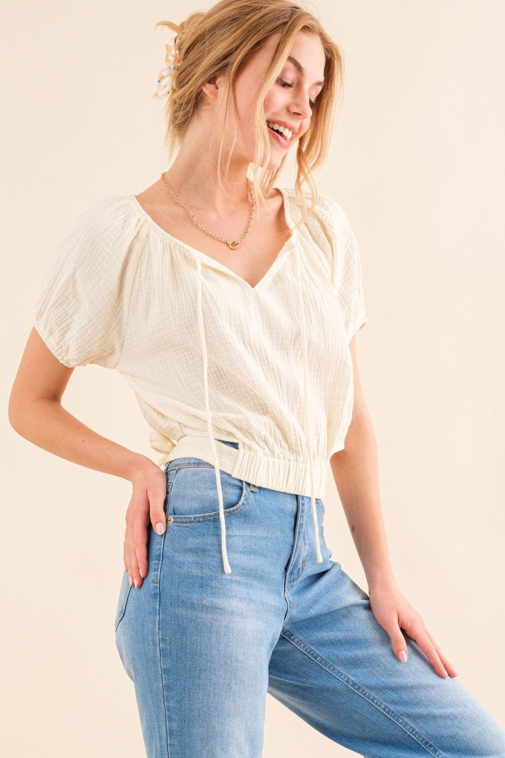 Antique White And The Why Back Waist Tie Cropped Blouse