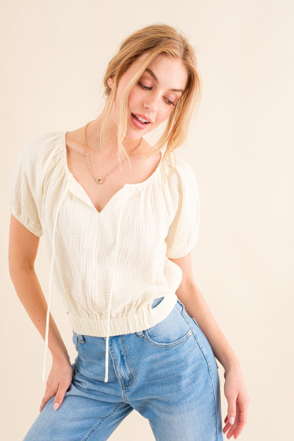 Antique White And The Why Back Waist Tie Cropped Blouse