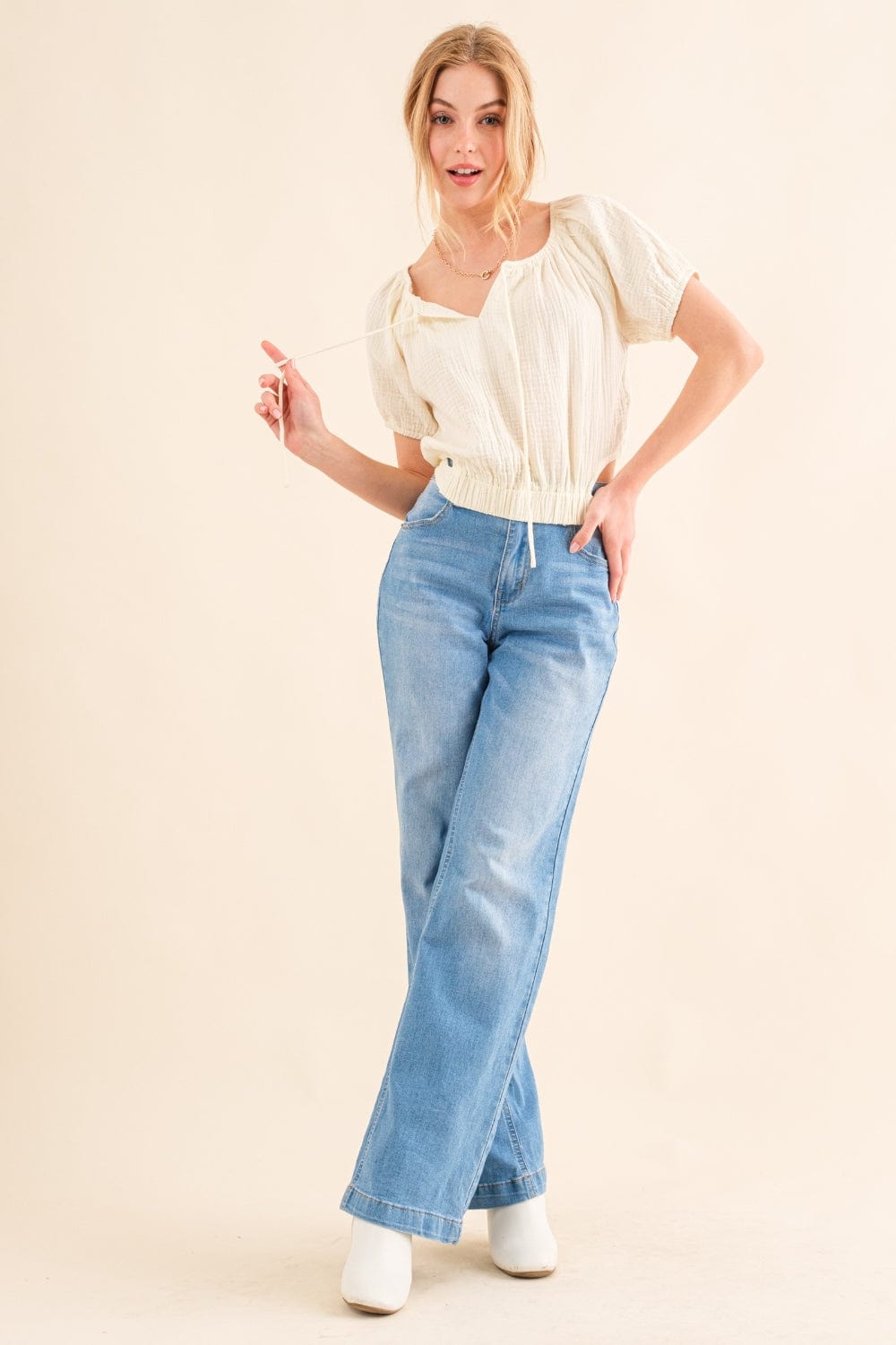 Antique White And The Why Back Waist Tie Cropped Blouse